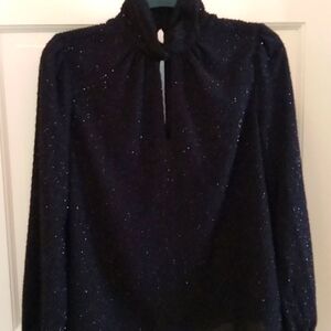 NEW.  BLACK SHIMMER LONG-SLEEVE BLOUSE. INTRICATE DESIGN COLLAR.  SIZE XL